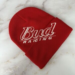 Y2K‎ Red Budweiser Nascar Racing Toboggan Stocking Cap Beanie Winter Hat